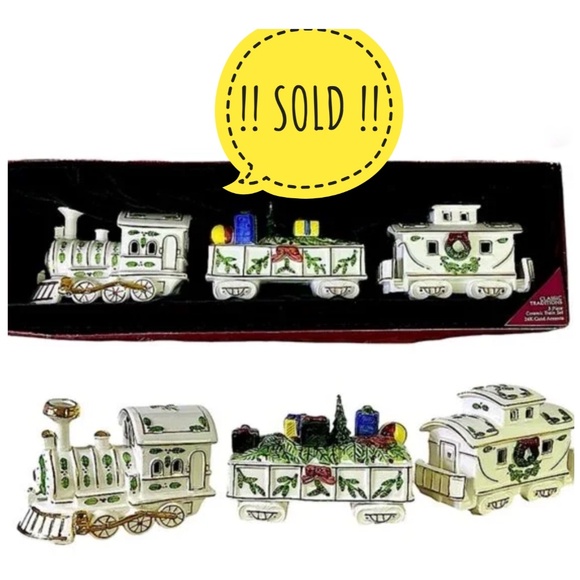 SOLD ! Classic Traditions Vintage Holiday Train Set Ceramic 24 Kt Gold Accents - Picture 1 of 16